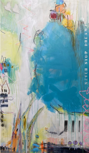 Bea G Schuberts "Never stop dreaming No.1" ist ein abstraktes farbenfrohes Gemälde mit der dominierenden Farbe Blau. 