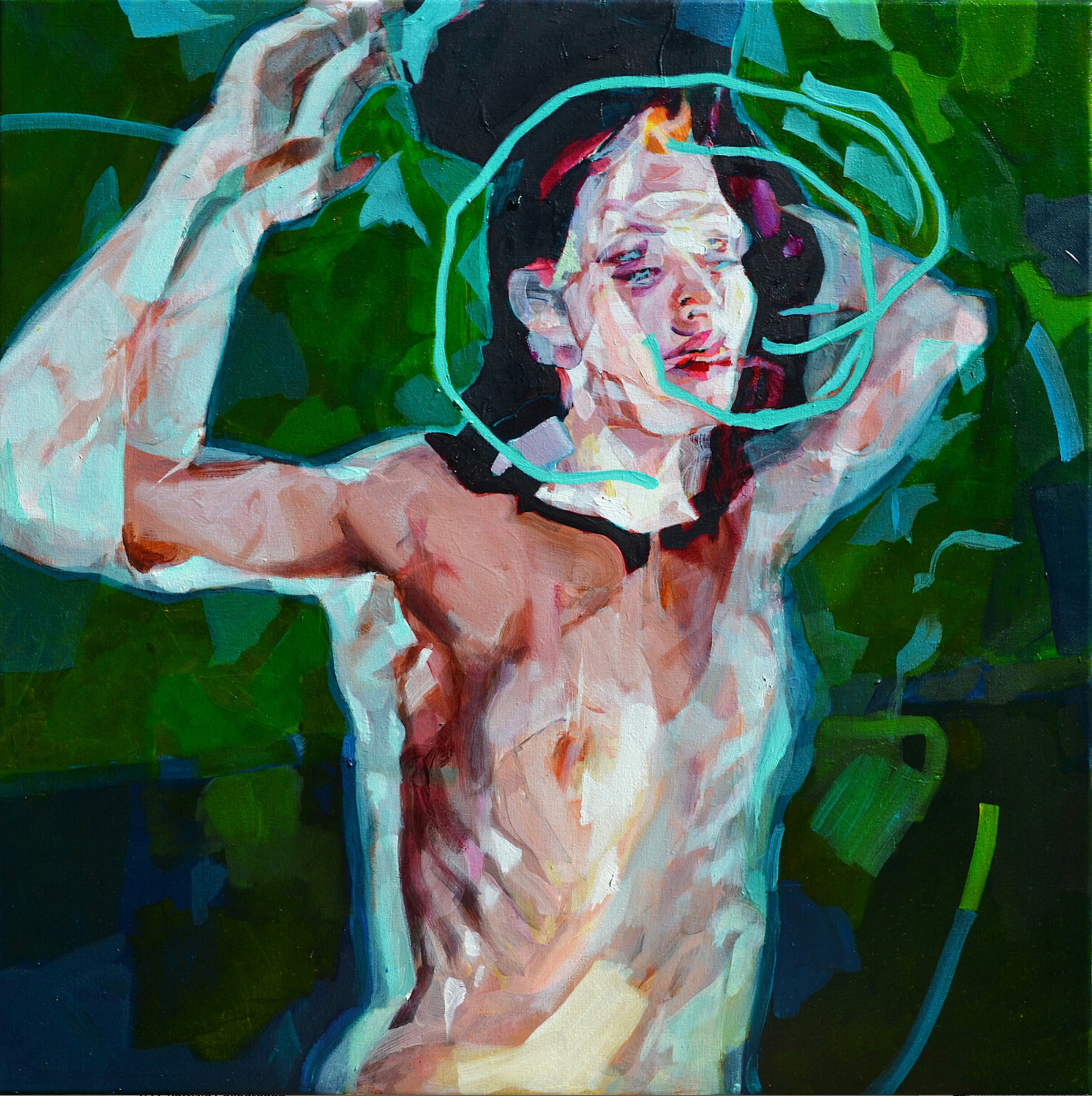 Melinda Matyas ist eine ungarische Malerin mit Sitz in London. Ihr farbenfrohes figuratives Frauenporträt Ölgemälde "Broken circles" ist gemalt mit Acryl auf Leinwand. Dominierte Farbe ist Grün.