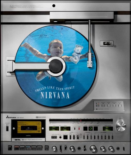 Kai Schäfer Silver Mitsubishi Record Player and Nirvana Smells Like Teen Spirit Vinyl