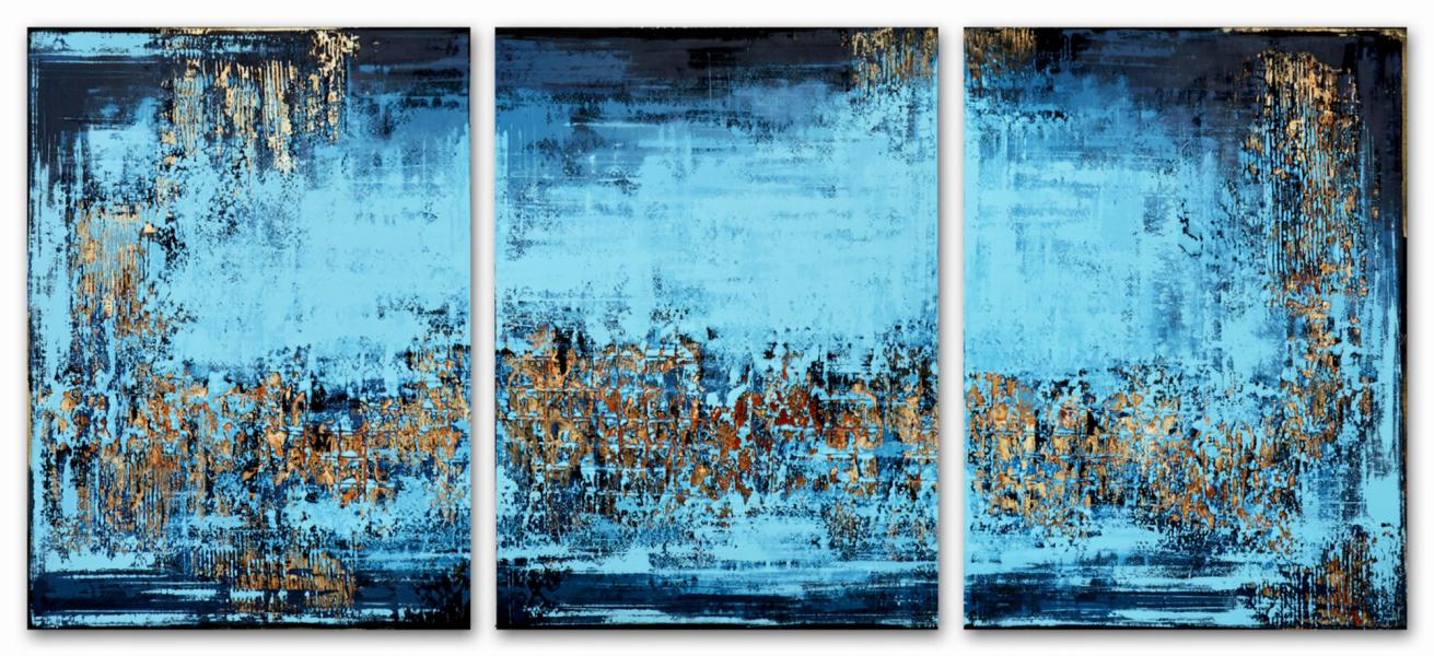 In Inez Froehlich's "MIDNIGHT SYMPHONY" expressionistic, abstract and gilded painting consists of 3 parts á 110 x 80 cm. The dominant colours are blue, anthracite, black, copper and gold. The style of the painting is shabby chic, industrial style, vintage, retro, bohemian interior.