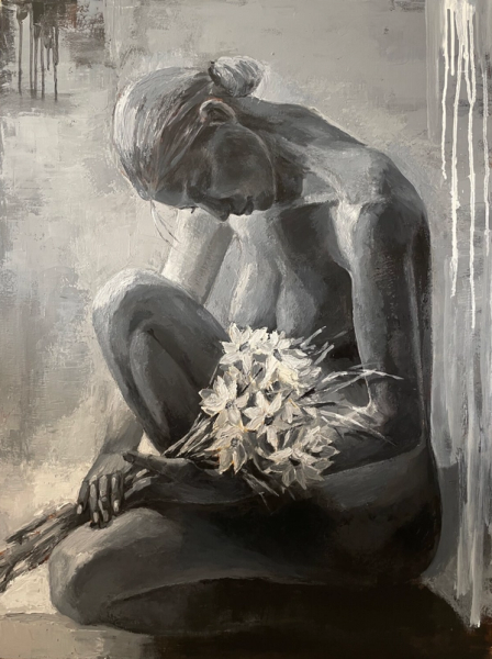 Anna Reznikova's "Fragile" zeigt ein Aktgemälde, eine hübsche Frau, sitzend mit Blumenstrauß.