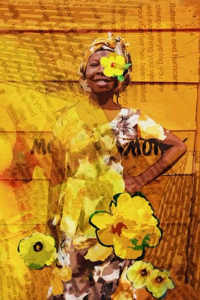 Ute Bruno abstrakte Foto Collage Überlagerung Frauen Portrait afrikanisch gelb und Blume