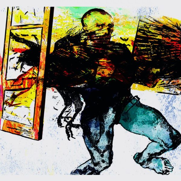 Klaus Heckhoff abstrakte Malerei illustration van Gogh mit muskulösen Beinen bricht aus