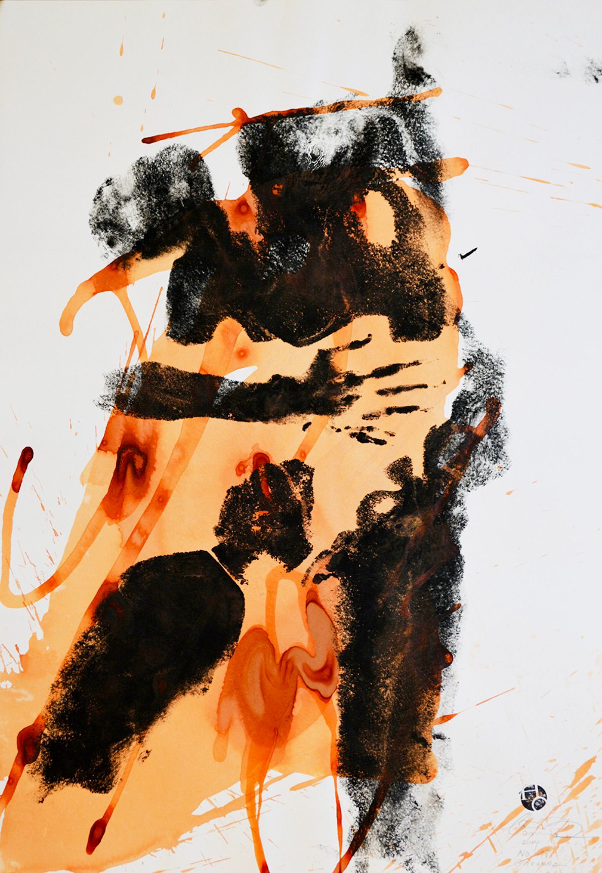Hushang Omidizadeh abstrakte Malerei Körper Abdruck einer Frau in schwarz und orange
