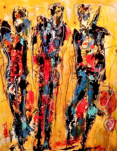 Ilona Schmidt's "Treffen" semi-abstraktes  Gemälde. Ein Meeting von Geschäftspartnern zeigt dieses Werk in den Farben, Rot, Blau und Schwarz.  Die Menschen variieren vom figurativen zum abstrakten. 
