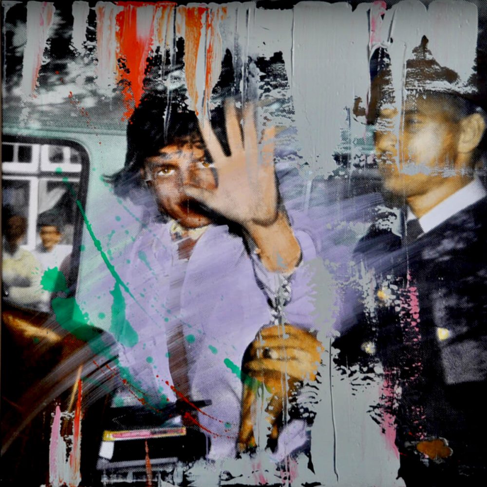 Jürgen Kuhl abstrakte Malerei Siebdruck Mick Jagger Foto coloriert mit Farbflecken