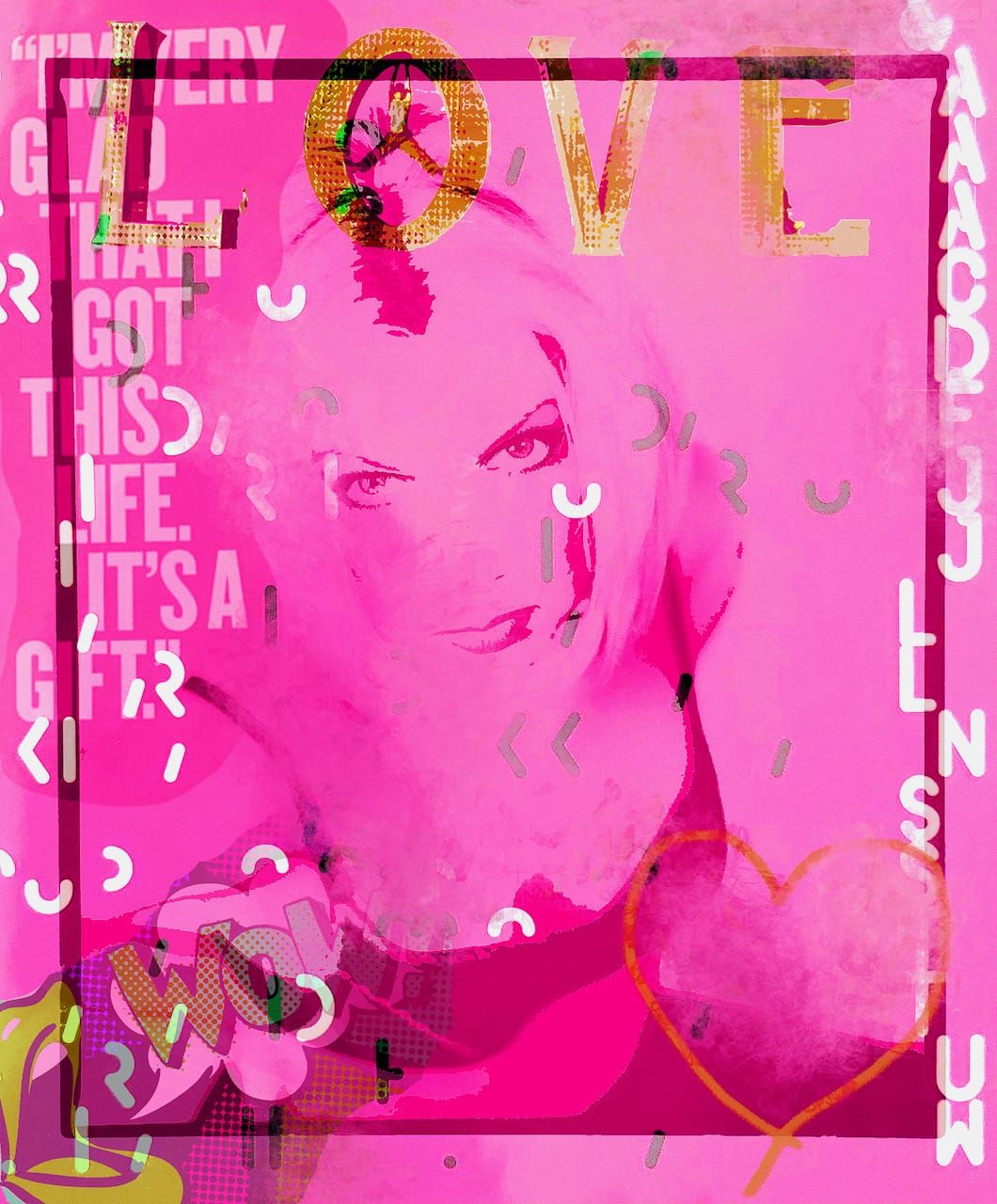 Ute Bruno abstrakte Foto Collage Überlagerung Frauen Portrait blond Popart pink und Typographie love