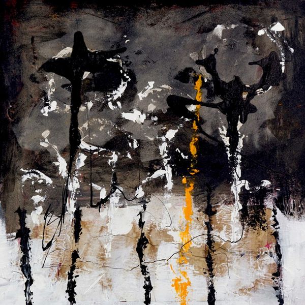 Martina Chardin abstract painting black white gradient background with vertical brushstroke accents in yellow