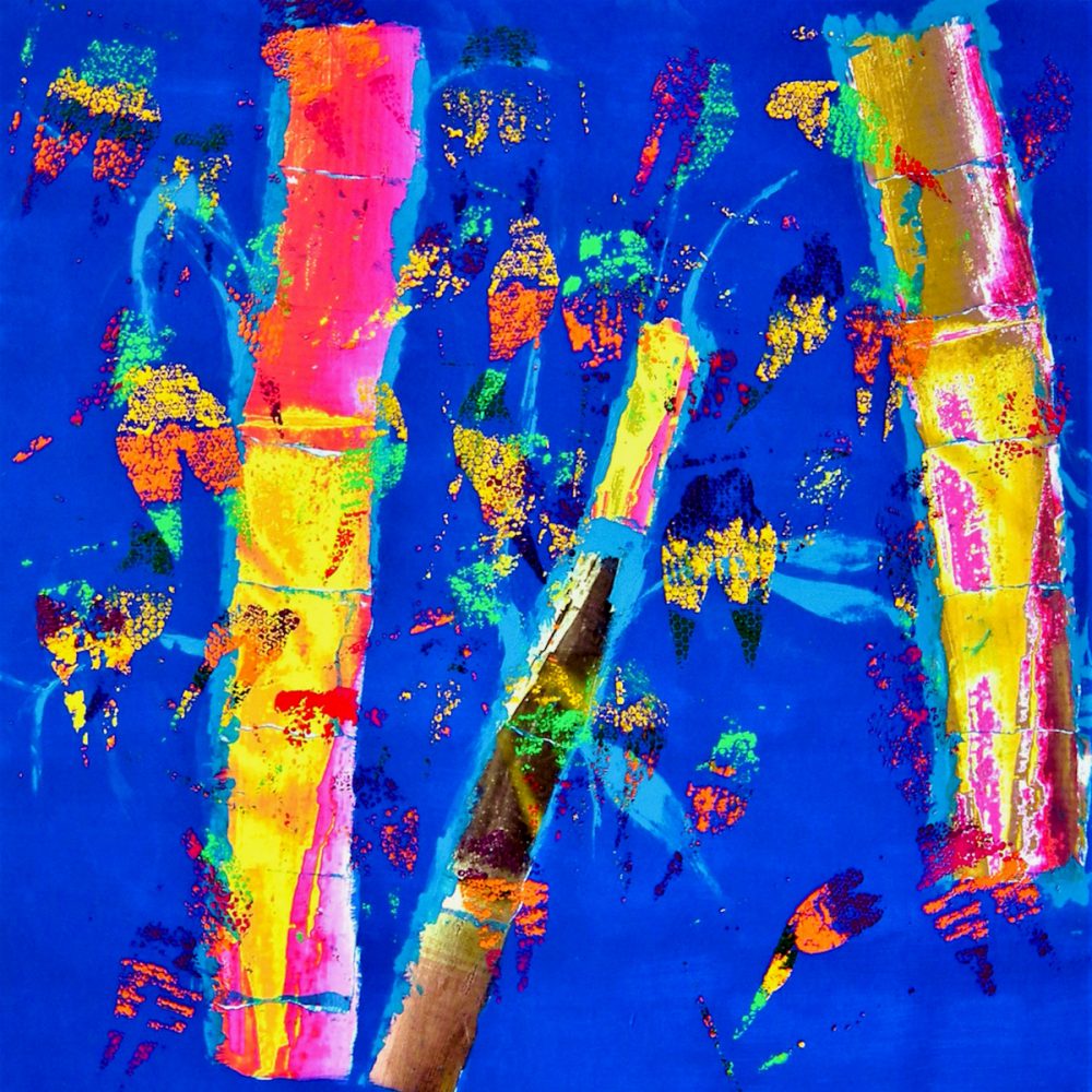 Ronny Cameron peinture abstraite fond bleu avec bandes jaunes