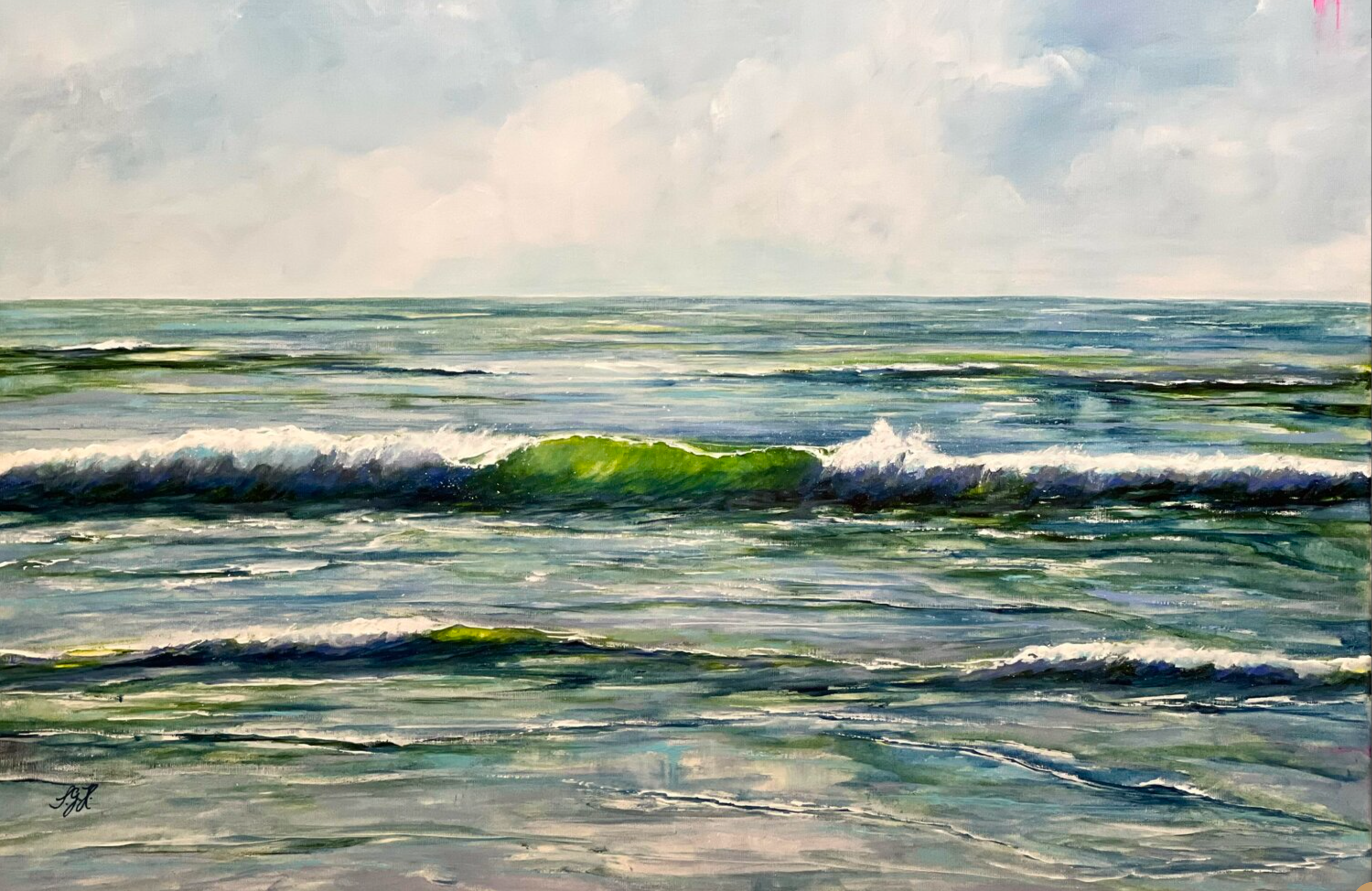 Il dipinto "Green Wave 2" di Sandra Gebhardt-Hoepfner. Il sole splende alto nel cielo, facendo apparire le onde che si infrangono nel bellissimo mare di un verde traslucido. È una giornata meravigliosa, in mezzo alla natura. Felicità. I colori sono verde chiaro, verde scuro, blu scuro, grigio-blu, grigio scuro e bianco.