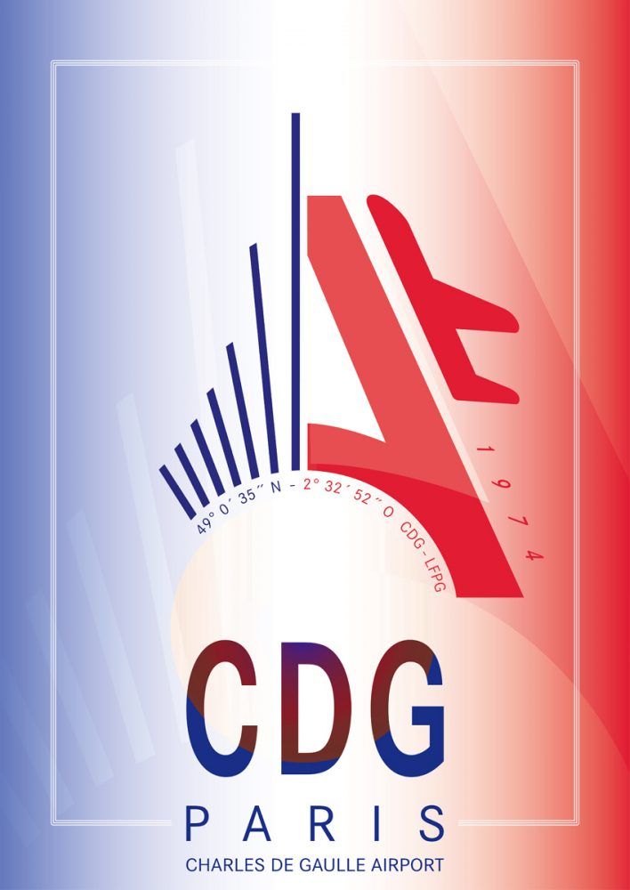 Jörg Conrad illustrazione tipografica aeroporto CDG di Parigi con forma rossa e blu e bandiera francese chiara come sfondo