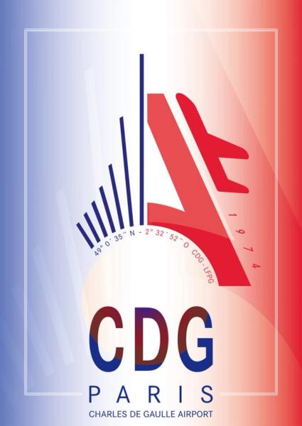 Jörg Conrad illustrazione tipografica aeroporto CDG di Parigi con forma rossa e blu e bandiera francese chiara come sfondo