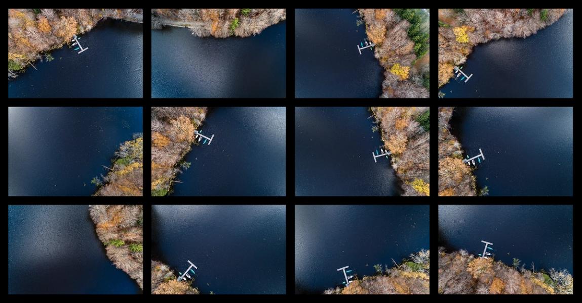 Stefan Kuhn's "Lakeshore Operation / Fall Series #10/11" Drohnen Fotografie zeigt ein Seeufer mit 12 Motiven in einem Bild.