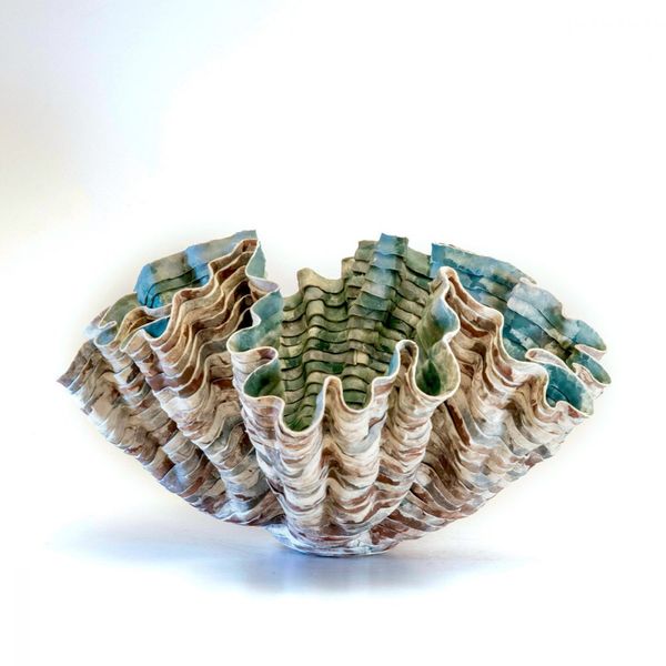Sara Dario Porcelain Sculpture Shell Bowl Inside Green