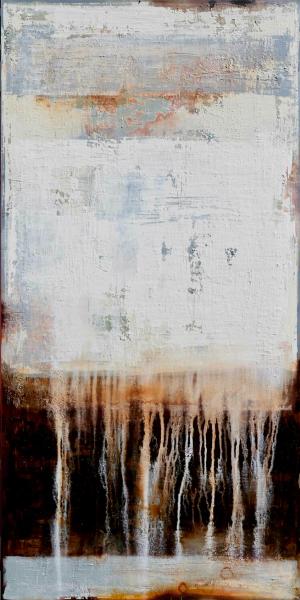 Inez Froehlich's "IMPERCEPTIBLE SIGNS" abstract painting is dominated by pastel colours in combination with rusty effects.  The style of the painting is shabby chic, industrial style, vintage, retro, boho, rustic.