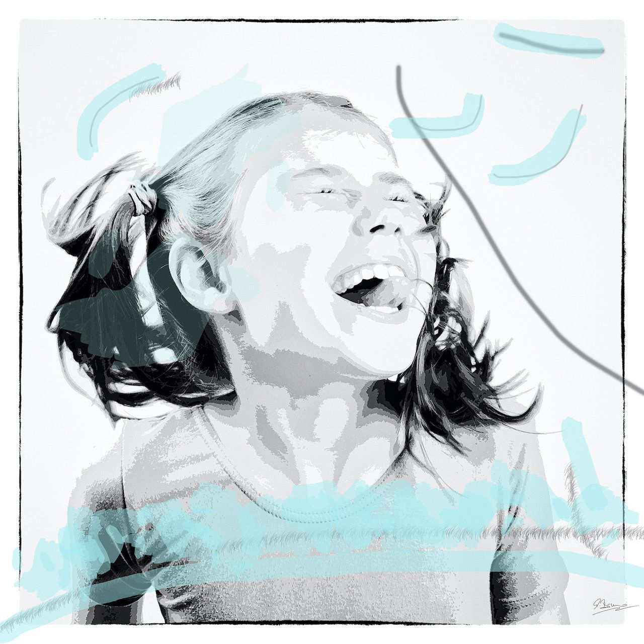 Ute Bruno pintura digital blanco y negro retrato riendo niña con arcos