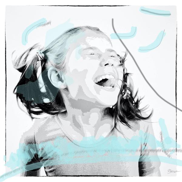 Ute Bruno digitale Malerei schwarzweiß Portrait lachendes Mädchen mit Schleifen