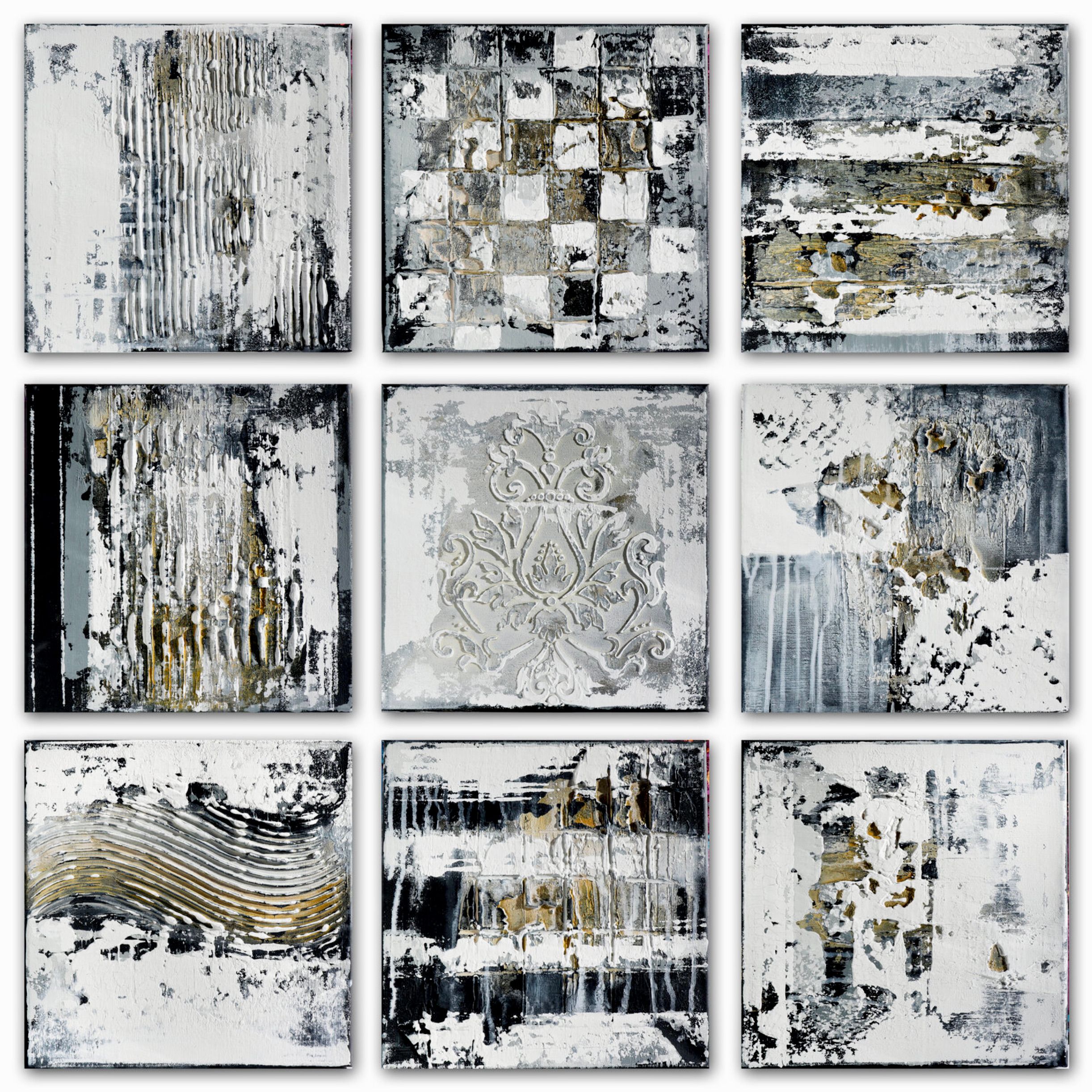 在Inez Froehlich的 "ARTEFACTS II "中，表现主义的抽象画由9个部分组成，尺寸为30 x 30厘米。自然色、粉彩色调、黑色、白色、灰色和金色占主导地位。