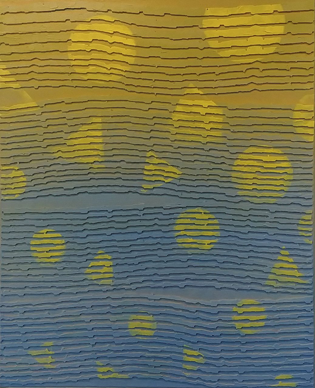 Val Wecerka abstrakte Malerei gelb und blaue geometrische Linen und Formen Dreiecke