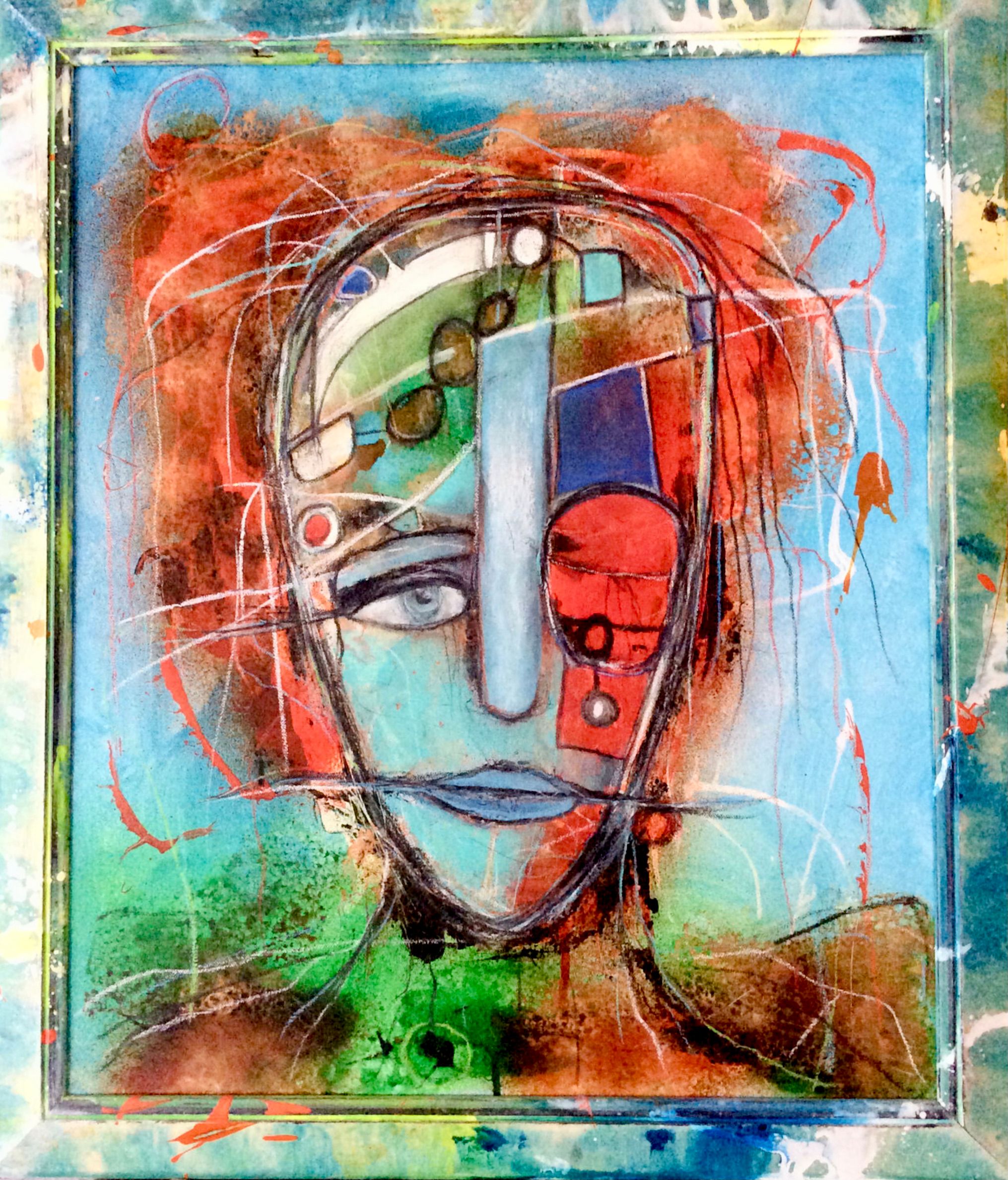 El expresivo retrato semi-abstracto "Firewall" de Ilona Schmidt muestra el rostro de una mujer. hombre en el foco de la digitalización. Los colores rojo, naranja, turquesa, verde y azul dominan este cuadro.