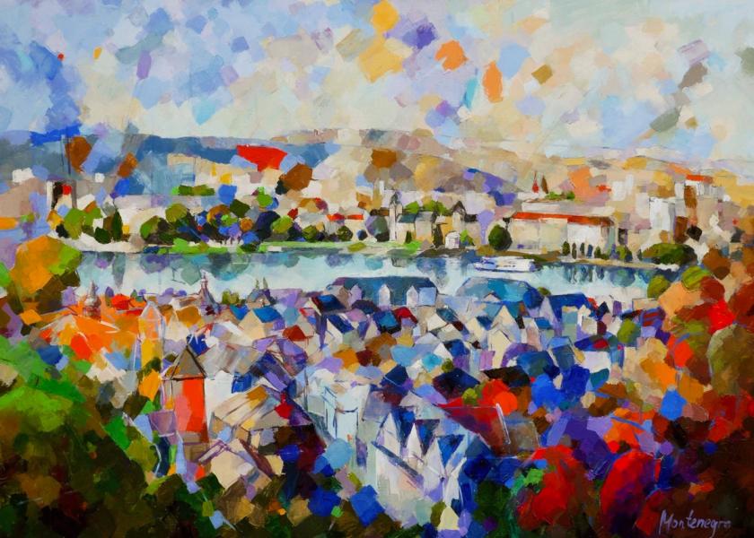 Miriam Montenegro impressionistische bunte Malerei Landschaft Stadt mit Fluss im Hintergrund 