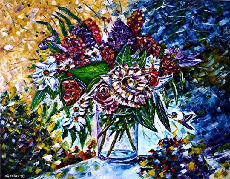 Mirek Kuzinar expressionist painting colourful flowers in glass vase with blue background