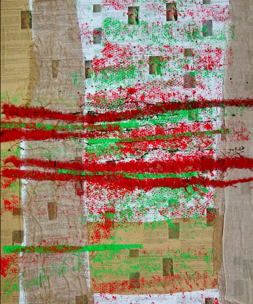 罗尼-卡梅伦的抽象画 黄麻、纸和气泡膜箔纸
