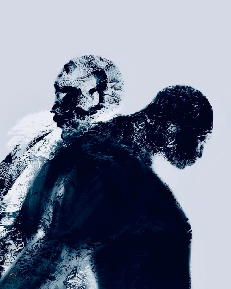 Zoko dibujo digital abstracto retrato doble apoyado uno contra el otro hombres sin pelo