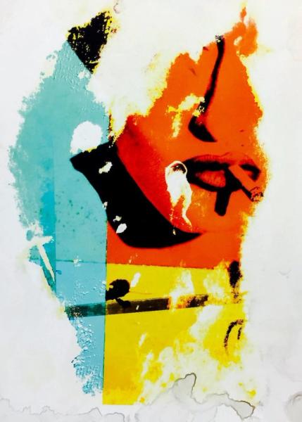 Manfred Vogelsänger abstract woman portrait with cigarette overlay colour spots