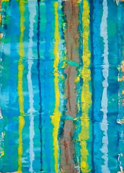 Ronny Cameron abstract painting turquoise background with yellow vertical stripes