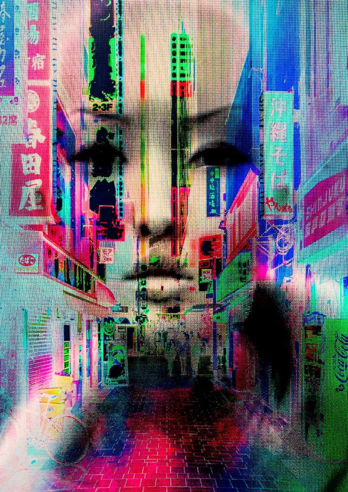 Manfred Vogelsänger abstraktes Portrait asiatische Frau Überlagerung Display neon SchilderJapan