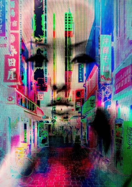 Manfred Vogelsänger abstraktes Portrait asiatische Frau Überlagerung Display neon SchilderJapan