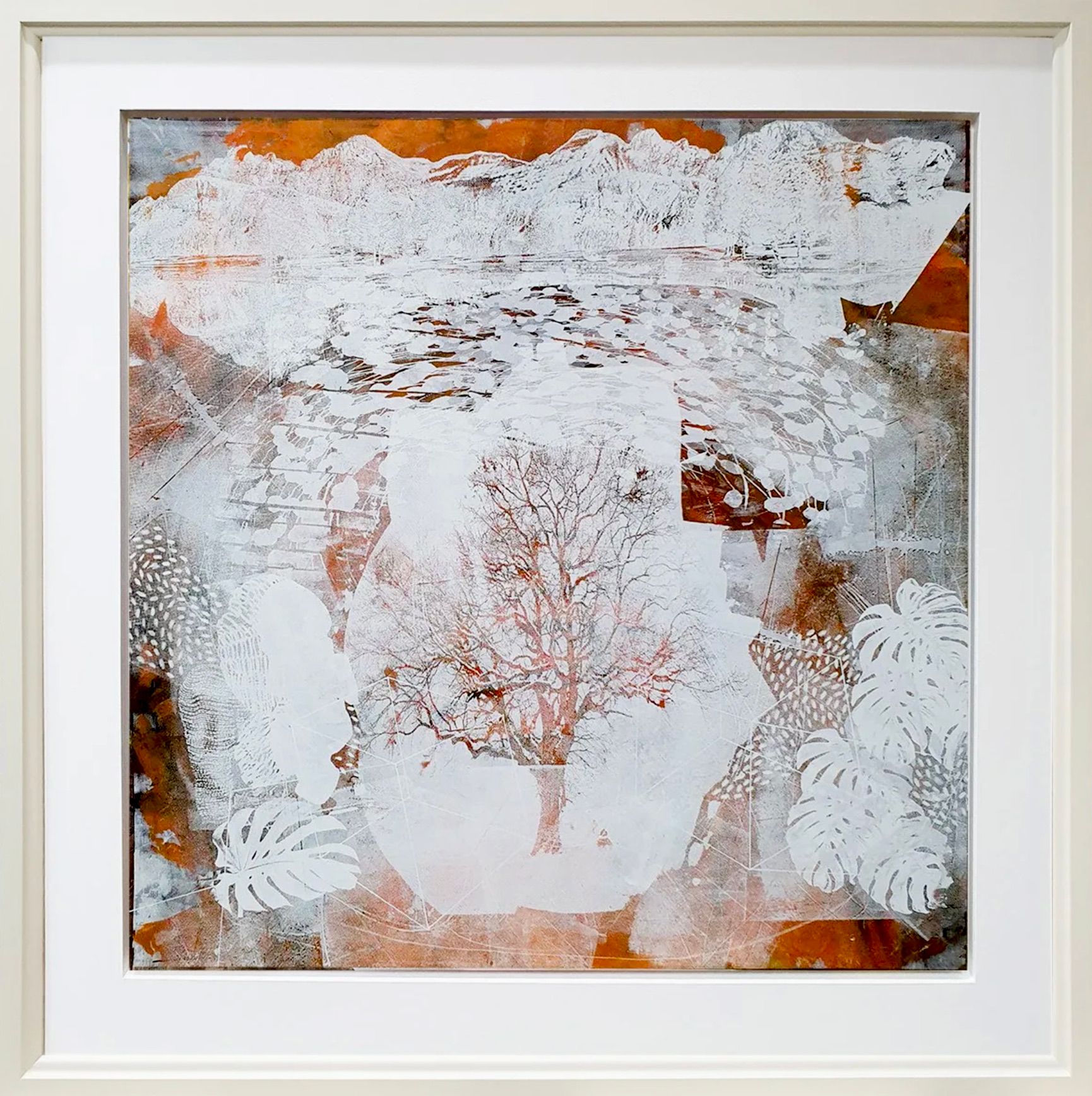 Dieter Nusbaum abstrakte Malerei Siebdruck Baum ohne Blätter und Palmblätter mit Natur Formen