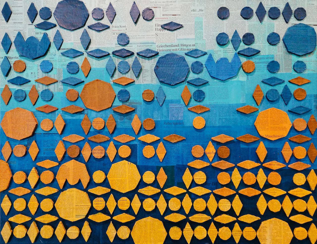 Val Wecerka abstrakte Malerei Collage gelbe und blaue Formen Stickerei angeordnet auf blauem Hintergrund mit Verlauf