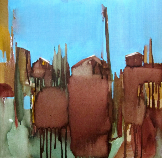 Sylvia Baldeva's "Ville" zeigt ein Öl gemaltes Landschaftsgemälde, Landschaft, Stadt, Urban, Himmel. Farbe Braun, Grün, Blau.