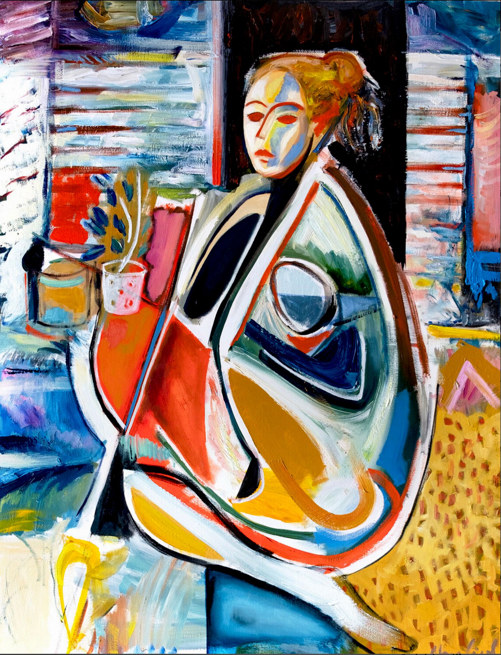 MECESLA Maciej Cieśla, "Donna in forme astratte, ragazza in studio", dipinto astratto di una ragazza sullo sfondo di oggetti in uno studio artistico. Una giovane modella in forme geometriche e combinazioni di colori aggressivi con accenti rossi.