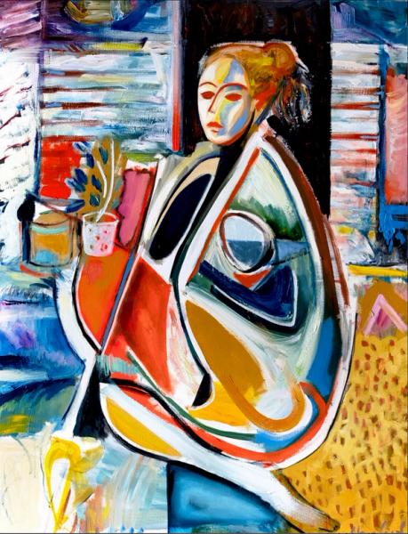 MECESLA Maciej Cieśla, „Woman in abstract forms, girl in studio", Abstrakte Malerei eines Mädchens im Hintergrund von Objekten im künstlerischen Atelier. Ein junges Modell in geometrischen Formen und aggressiven Farbkombinationen mit roten Akzenten.