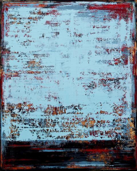 In Inez Froehlich's "BROKEN BLUE" expressionistic, abstract, gilded painting, the colours copper, gold, light blue tones, red, anthracite dominate. The style of the painting is shabby chic, industrial, vintage, retro, boho, rustic.