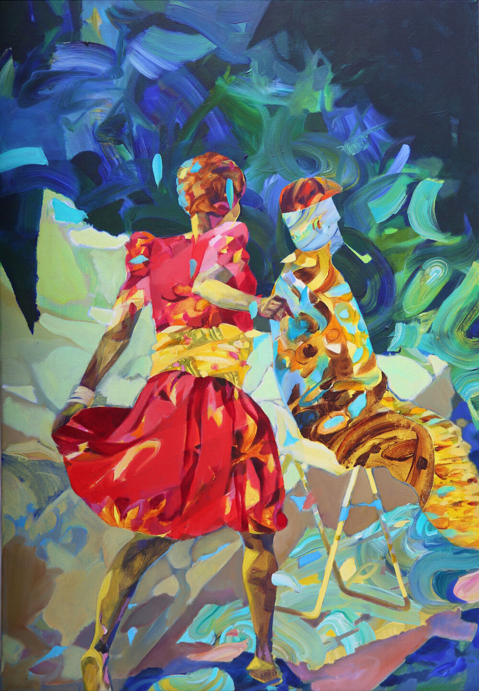Melinda Matyas ist eine ungarische Malerin mit Sitz in London. Ihr  farbenfrohes figuratives expressionistisches Gemälde "There's a storm coming uncle Tom" ist gemalt mit Öl auf Leinwand.