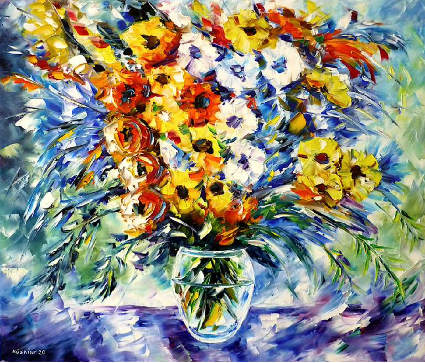 Mirek Kuzinar expressionistische Malerei bunte Blumen in Glas Vase 