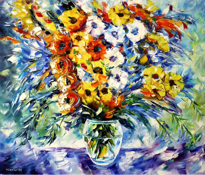 Mirek Kuzinar expressionist painting colourful flowers in glass vase