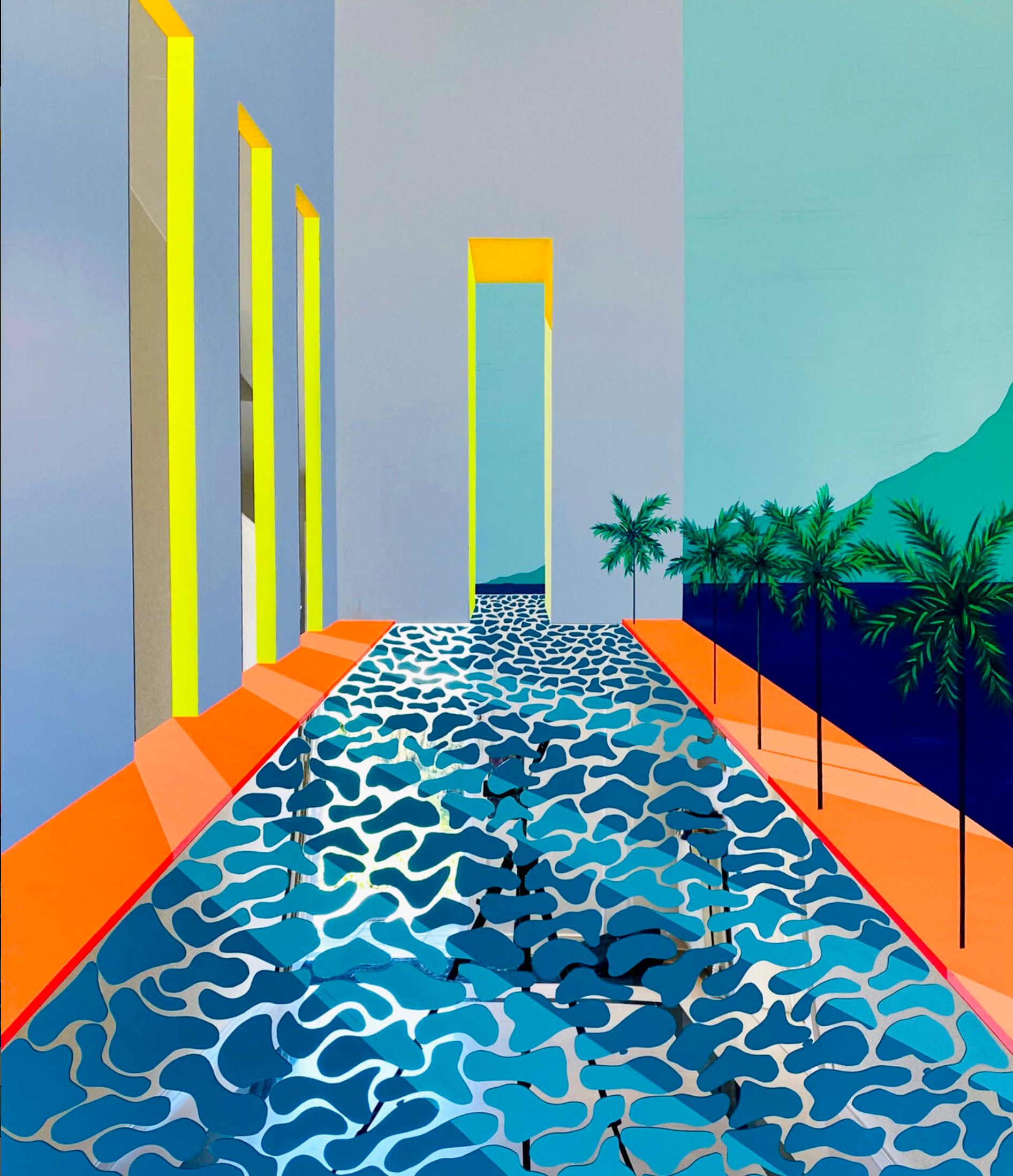 Isabelle Derecque, "Meanwhile, We're drinking Martinis in paradise" Peinture colorée, réalisée dans une piscine aux couleurs mystérieuses, sur un miroir en plexiglas de style pop-up aux couleurs gaies et énergiques. Visualisé par la géométrie, les perspectives, les contrastes et les reflets.