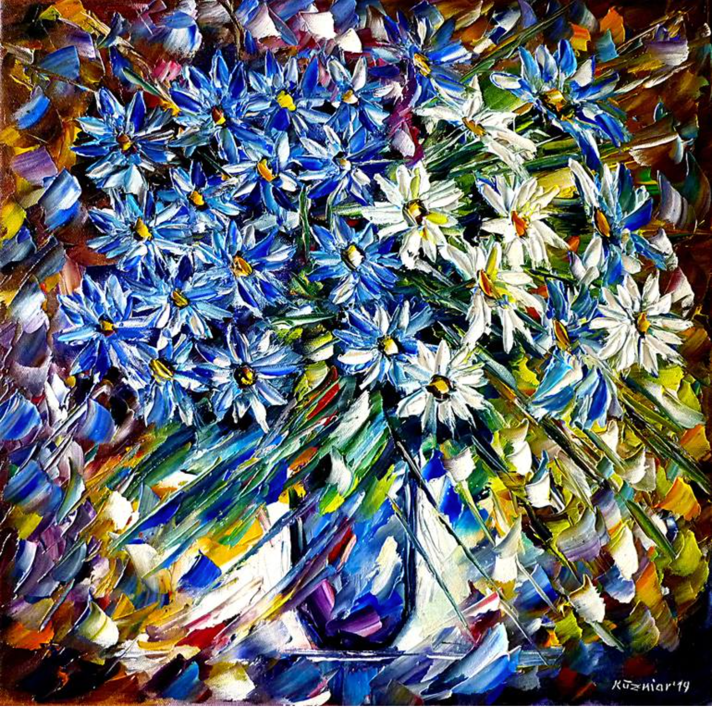 Mirek Kuzinar Malerei blaue und weiße Blumen in einer blauen Vase expressionistisch
