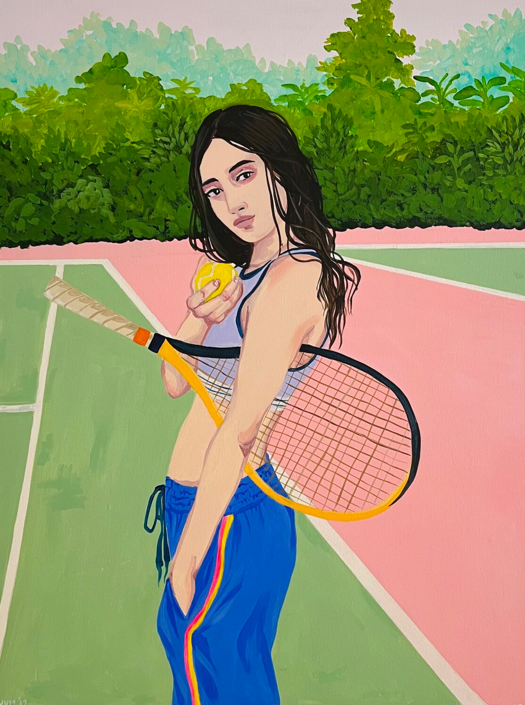 Vanessa van Meerhaeghe ist eine in Brüssel ansässige Malerin. Ihr Frauenporträt Gemälde "Come play with me" zeigt eine junge Frau, verspielt und voller Energie, die auf einem Tennisplatz steht.