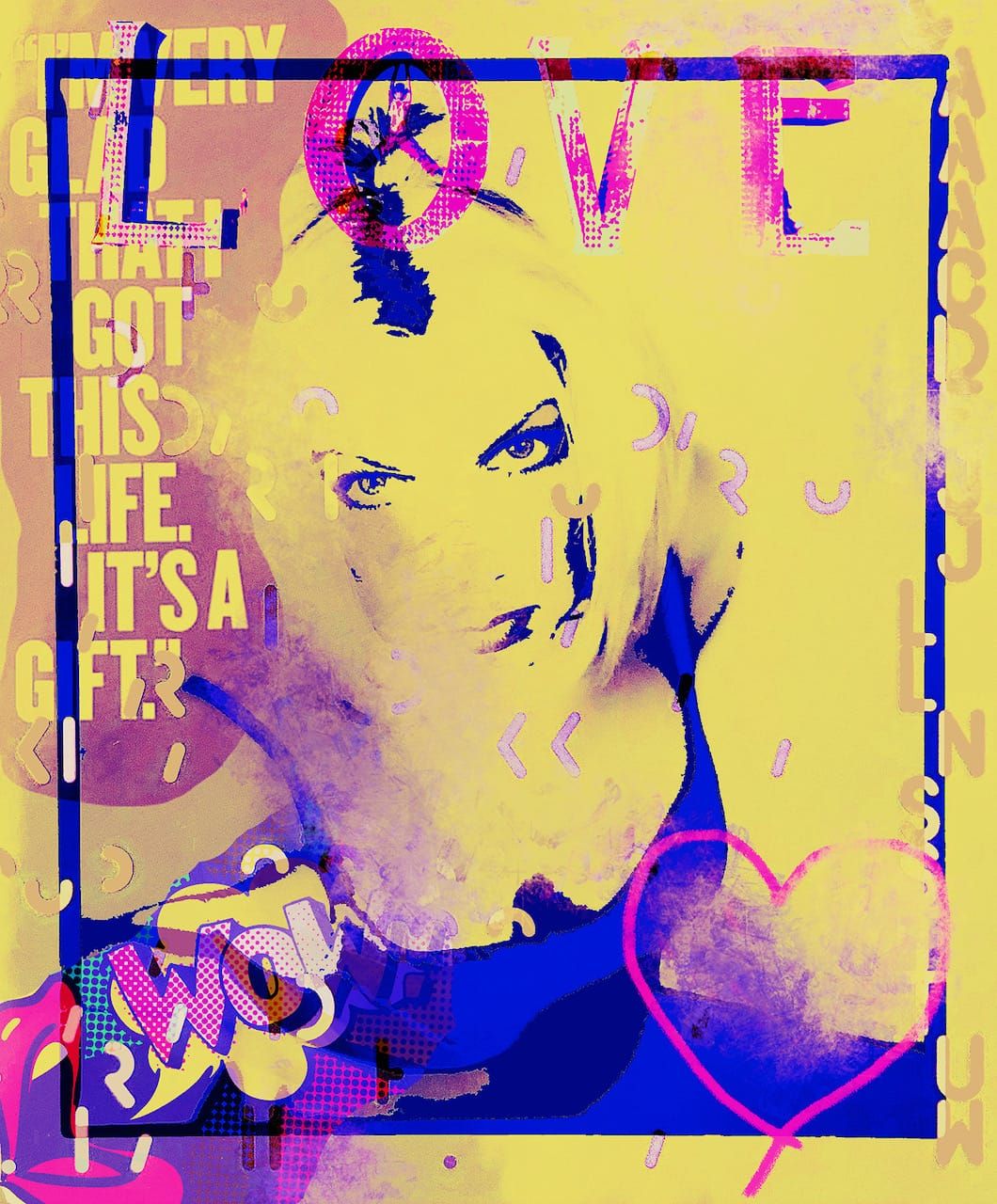 Ute Bruno abstrakte Foto Collage Überlagerung Frauen Portrait blond Popart gelb und Typographie love