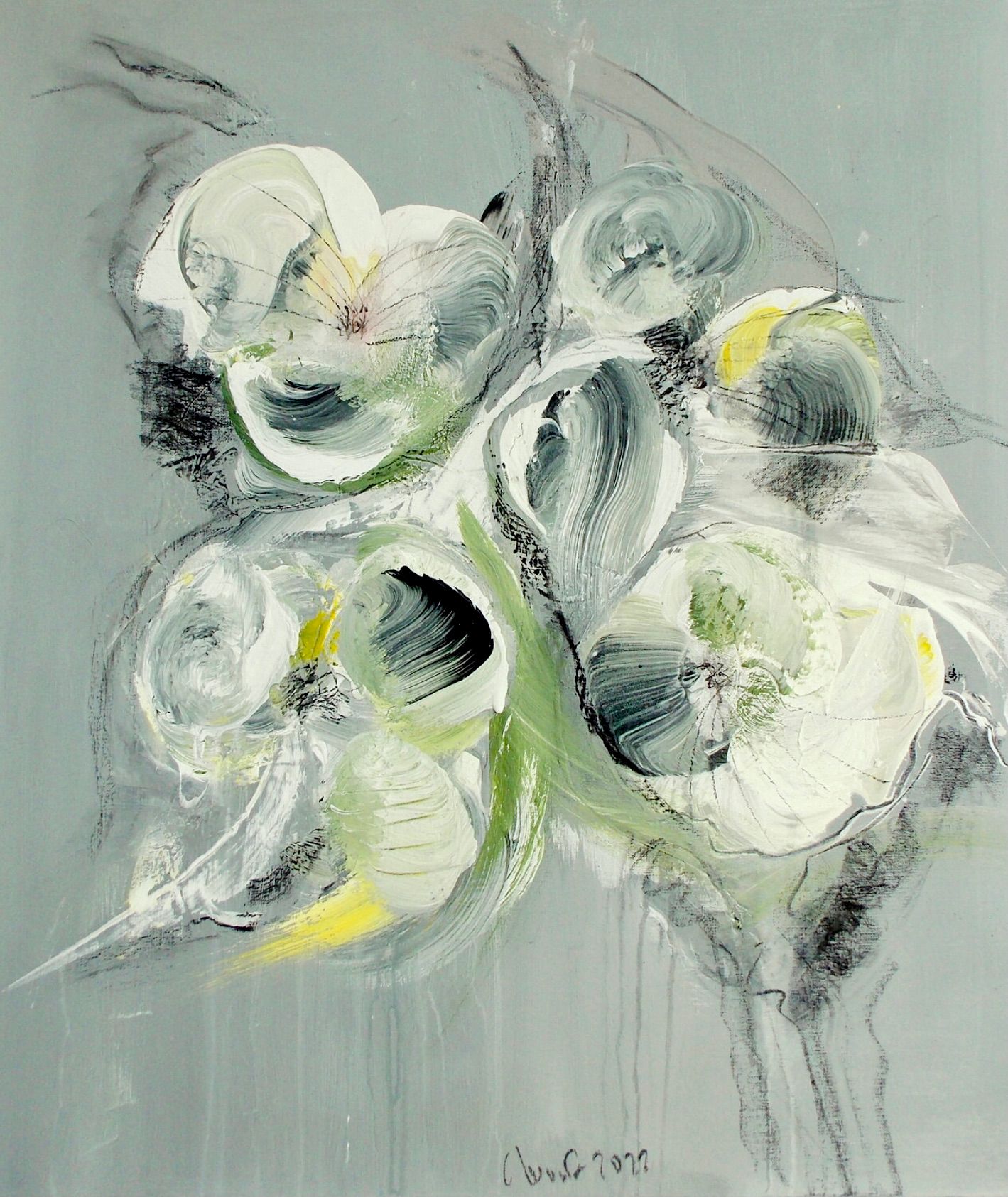 Dans la "Blumenrausch 2" de Christa Haack, peinture florale expressionniste abstraite, les couleurs beige, vert et noir dominent.