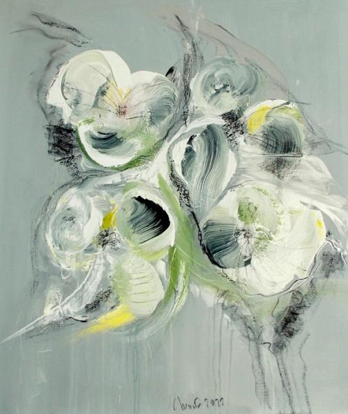 In Christa Haack's "Blumenrausch 2" Expressionist Abstract Flower Painting the colours beige, green and black dominate.