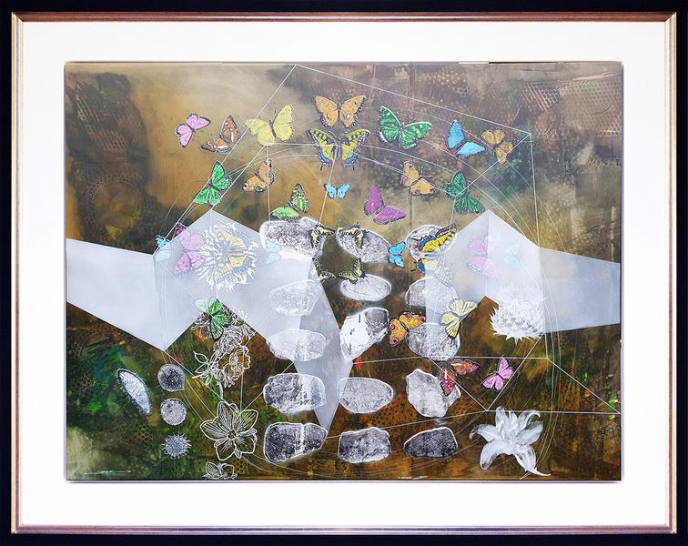Dieter Nusbaum abstrakte Collage Illustration Schmetterling Steine und Zellen mit braunem Hintergrund