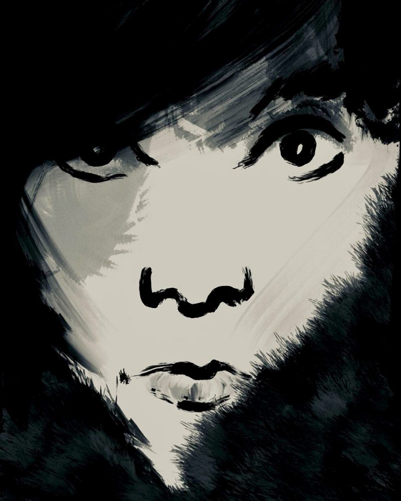 Zoko disegno digitale volto astratto circondato da nero