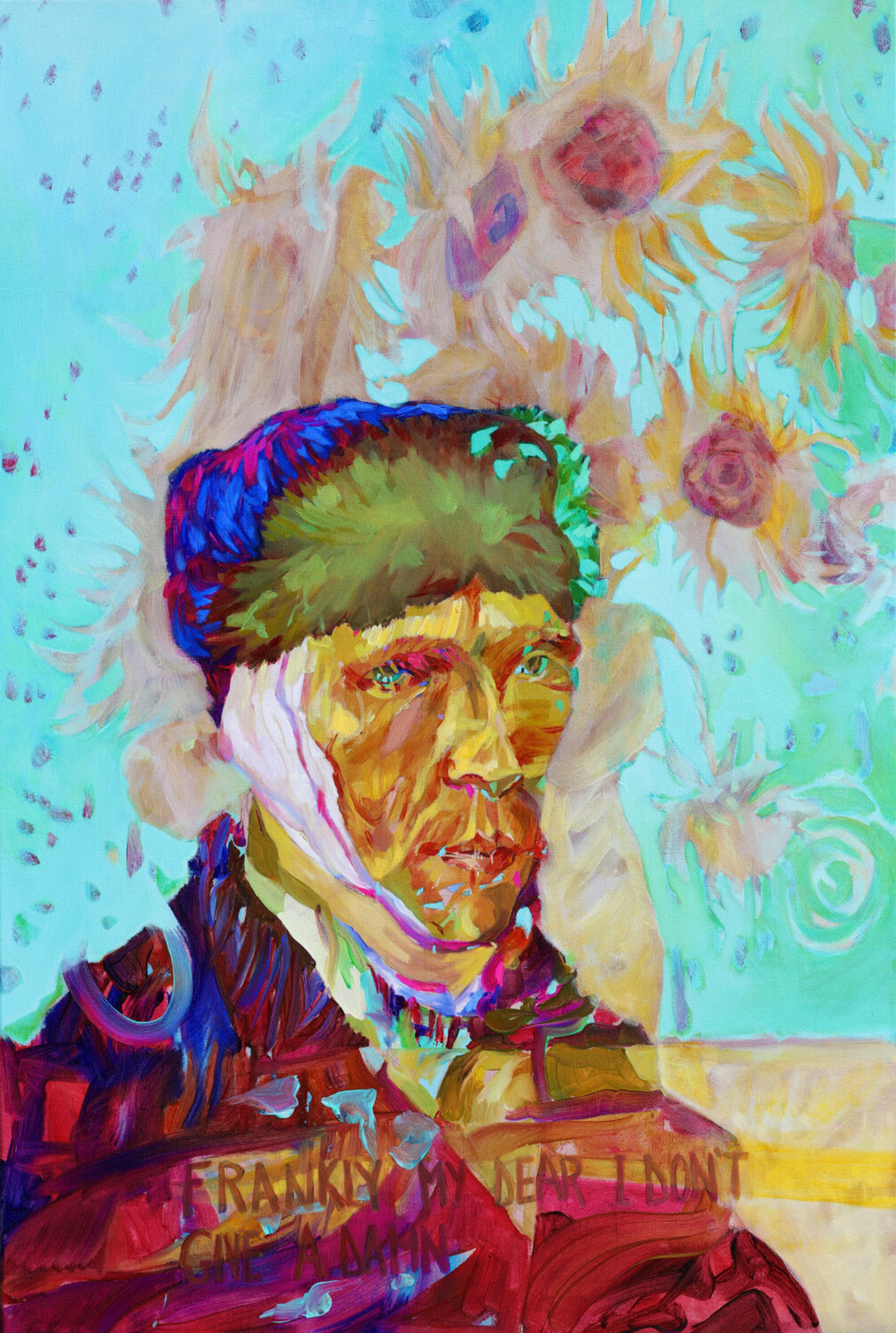 Melinda Matyas ist eine ungarische Malerin mit Sitz in London. Ihr farbenfrohes figuratives Porträt Ölgemälde "How does it feel to be famous Mr. Van Gogh?" ist gemalt mit Acryl auf Leinwand. 